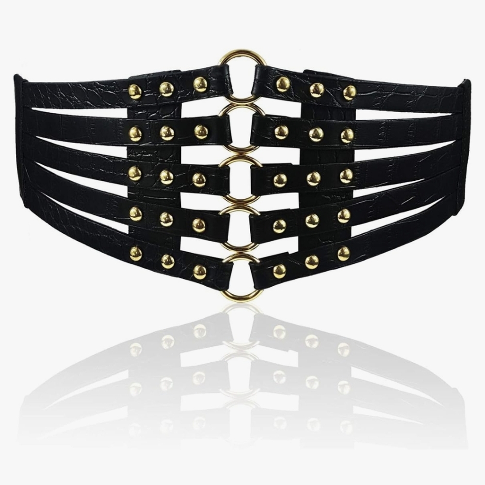 Women's PU Leather Wide Waist Belt Hollow Out Rivets Stretch Cinch Waistband